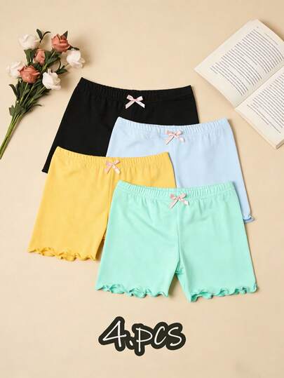 4pcs Girls' Solid Color Leggings, Thin Shorts Leggings For Spring/Summer, Fashionable & Versatile Safety Shorts, Can Be Worn Alone Or As Underlayer