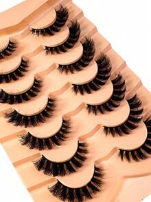 7对/包 自然蓬松仿貂毛假睫毛，迷人凌乱毛绒假睫毛，8D纤长浓密假睫毛，狐狸眼提拉妆效，整条假睫毛，睫毛嫁接 - 黑色 - 查看 5