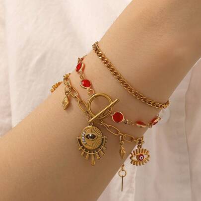 3pcs/Set Bohemian Evil Eye Stainless Steel Bracelet Set, Fashionable Multi-Layer Design High-End Accessory, Suitable For Daily Wear And Beach Vacation