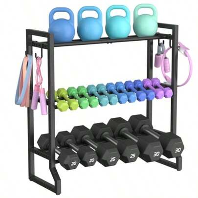 Estante ajustable de 3 niveles VOPEAK de 31 pulgadas para pesas de gimnasio en casa con 4 ganchos, almacenamiento de gimnasio en casa para mancuernas y pesas rusas, soporte para mancuernas que ahorra espacio - Capacidad de 400 libras