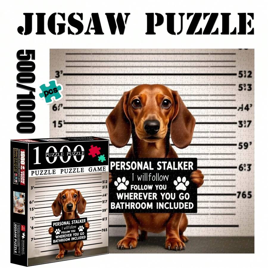 1 Box (500/1000 - -Pcs) Paper Puzzle, Cute Dachshund Cartoon Design, Dog Holding A Sign With Witty Text, Adorable Expression, Brain Challenge, For Family Fun, Solo Time, Rainy Day Leisure, Happiness-Boosting Puzzle Experience, Fits Minimalist Fun - 1 Hộp (1000 chiếc) - Xem 1