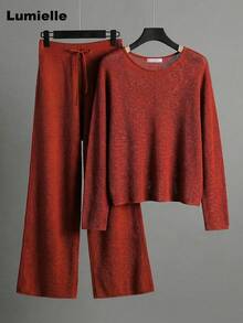 Lumielle Women's Solid Color Round Neck Drop Shoulder Long Sleeve Sweater And Wide Leg Knit Pants 2 Piece Set, Autumn/Spring Clothes(This Style Runs Small.) - 紅色春夏款 - 查看 4