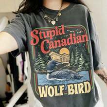 Stupid Canadian Wolf Bird Comfort Colo*S Shirt, Heated Rivalry Inspired Shirt, Team Hollanov Tee-Vintage Street Style Unisex Loose Cotton Short Sleeve Crew Neck T-Shirt - 黑色 - 查看 1
