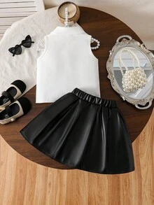 Toddler Girls' Fashionable Casual Cute Set, Floral Sleeveless Half-Open Collar Blouse + Bowknot Pleated PU Leather Skirt - White - View 2