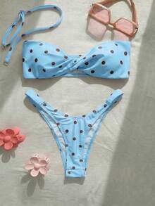 New Fashionable Sexy Polka Dot Print Strapless Detachable Strap Bikini Swimsuit For Women, Beach Party Vacation - Baby Blue - View 2