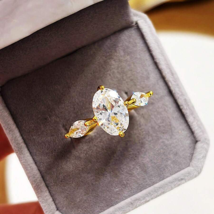 Women's Luxury Elegant Oval Cubic Zirconia Inlaid 18K Gold Plated Open Ring - Gold - View 1