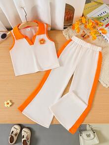 Set 2 piese bluză fără mâneci color block + pantaloni casual pentru fete, portocaliu și caisă, ținută de vară pentru fete - Caisă - Vizualizare 1