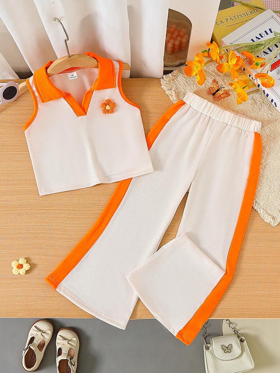 Set 2 piese bluză fără mâneci color block + pantaloni casual pentru fete, portocaliu și caisă, ținută de vară pentru fete - Caisă - Vizualizare 1