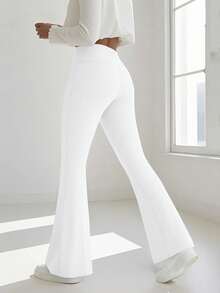 女士高腰喇叭裤，宽腰带设计，超柔软瑜伽裤，休闲居家塑形裤，春季白色 - 白色 - 查看 3