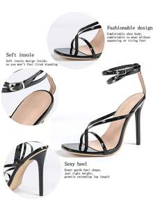 女士时尚高跟凉鞋，PU皮革绑带，T字带，人字拖，夜店风，搭扣，交叉绑带，派对，细绑带，裸色绑带，平绑带，踝带，经典方头凉鞋，夏季，户外，常规款，女士黑色凉鞋，高跟凉鞋，漆皮鞋跟，细跟 - 黑色 - 查看 6