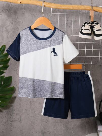 2pcs/Set Young Boys' Casual Outdoor Popular Comfortable Cute Grey White Navy Color Block Mercedes-Benz Horse Digital Print Round Neck Short Sleeve T-Shirt And Shorts Set, Suitable For Summer