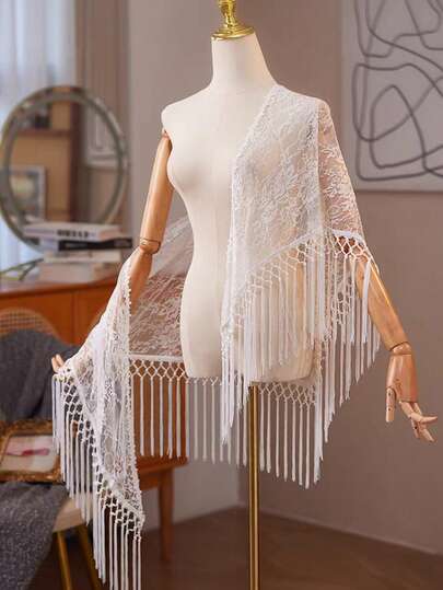 New Lace Shawl Versatile Retro Lace Shawl Super Fairy Tassel Matching Cheongsam Dress Cloak, Floral Print & Solid Color Bohemian Fabric For Women,Summer,Beach,Wedding
