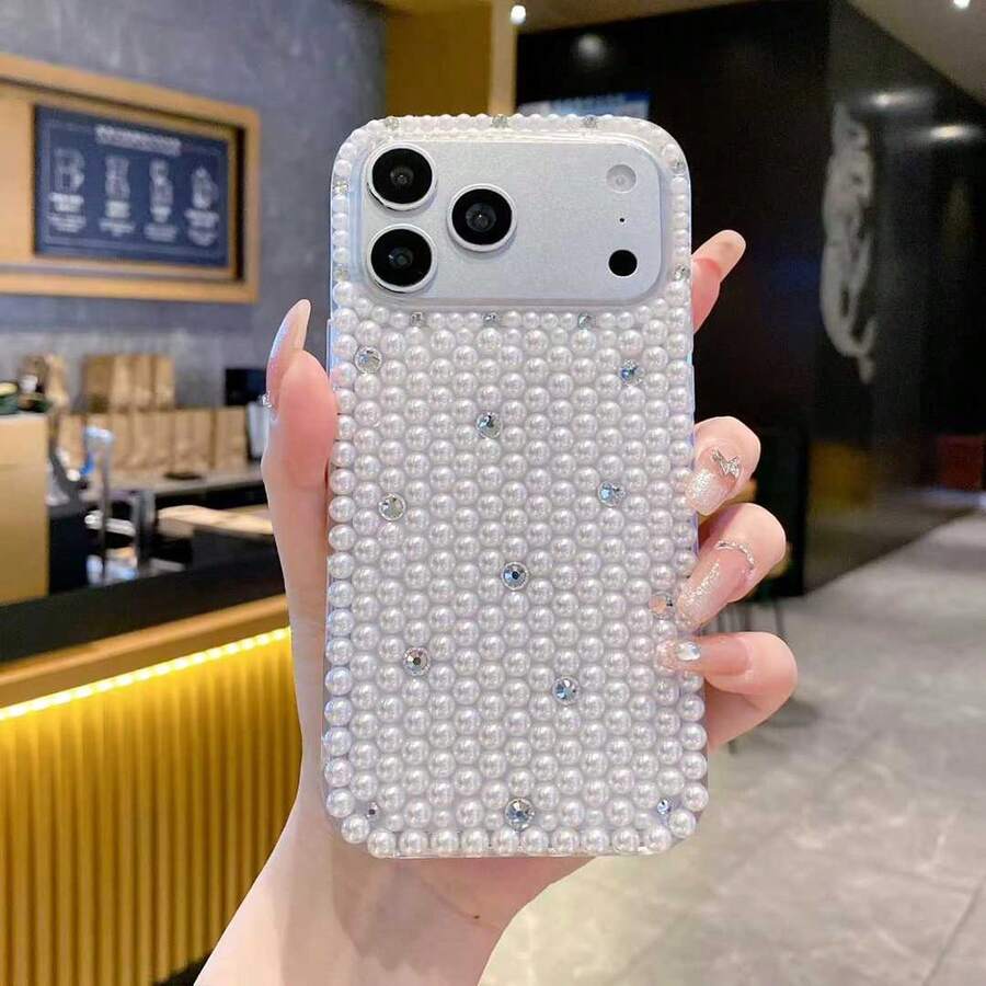 1件装 时尚新款白色水钻、珍珠、钻石全镶嵌奢华女士TPU防震手机壳保护套,适用于 11/12/13/14/15/16/17 PROMAX - 白色 - 查看 1