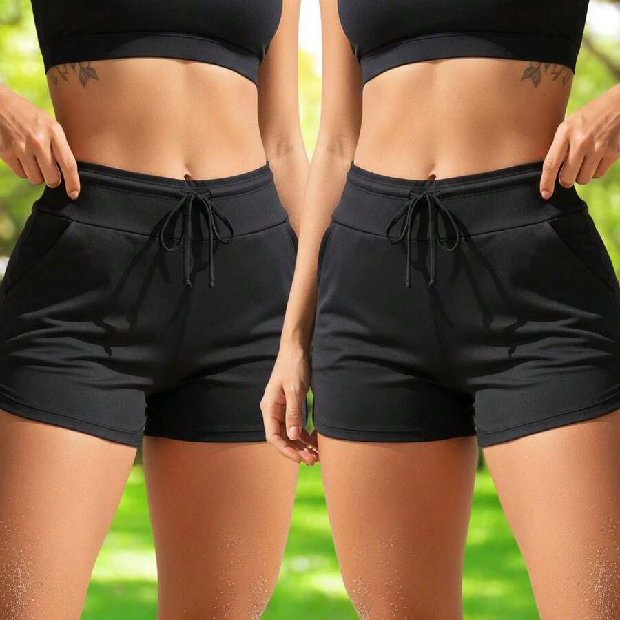 Acqua Bronze Kit 2 Shorts Suplex Drawstring Pocket Adjustable Women's Versatile Bath Sports Double Waistband Sporty Simple Casual - 黑色 - 查看 1