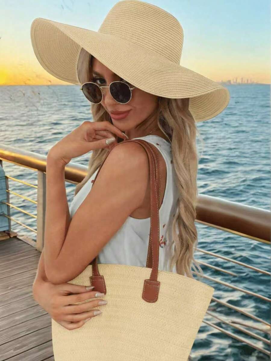 1 Hat + 1 Bag, Suitable For Beach Vacation - Beige - View 1
