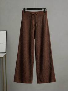 Women's Loose Solid Color Knitted Two-Piece Set (Thin Material For Spring And Summer) - Round Neck Long Sleeved Irregular Hem Spring And Autumn Sportswear And Split Wide Leg Pants, Suitable For Daily Home Use, Casual Sports Wear - 咖啡棕色*春季薄款旗艦 - 查看 2