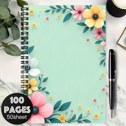 50 Blatt/100 Seiten Blumen Spiralbindung Notizbuch, zarte grüne Abdeckung mit bunten Blumen, geeignet für Arbeit, Studium, Schule, Abschlussgeschenk, Geburtstagsgeschenk, Tagebuchschreiben, Tagesplanung, Notizblock