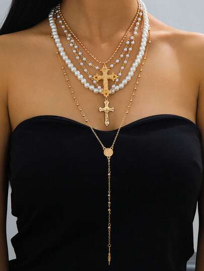 4pcs/Set Vintage Versatile Virgin Mary Cross Pendant Y-Necklace, Multi-Layer Faux Pearl Choker Necklace, Suitable For Daily Wear, Music Festivals, Parties, Ascension Day, Adjustable Chain Length