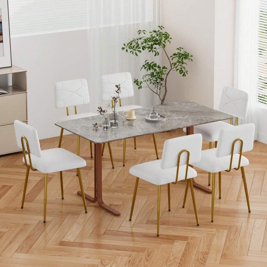 VECELO Dining Chairs Set Of 6, Modern Upholstered Dining Room Chairs With PU Leather Padded Seat, Armless Kitchen Chairs With Curved Backrest And Solid Wood Legs For Dining Room, Kitchen, Apartment - 白色 - 查看 1