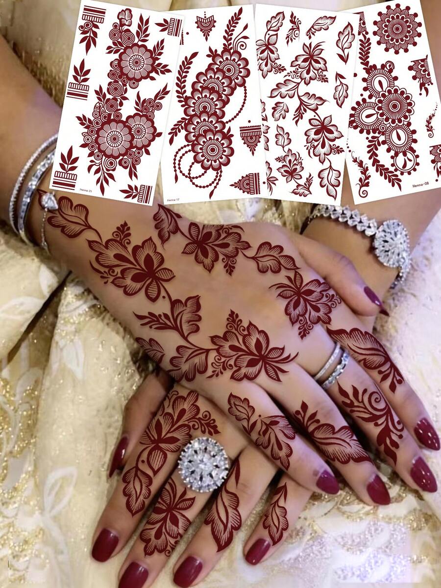 4pcs Moon & Flower Pattern Wine Red Nail Art Temporary Tattoo Stickers - Manhaiti Design Body Painting Tattoos For Party & Festival