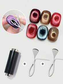 3psc Cat Eye Nail Magnet Set, Strong Double-Ended Cylinder Magnet + Fan-Shaped Magnetic Plate, 3D Cat Eye Gel Polish Nail Art Tool - Multicolor - View 1