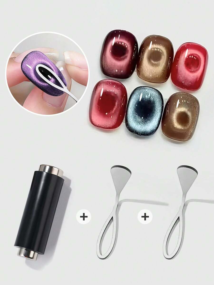 3psc Cat Eye Nail Magnet Set, Strong Double-Ended Cylinder Magnet + Fan-Shaped Magnetic Plate, 3D Cat Eye Gel Polish Nail Art Tool - Multicolor - View 1