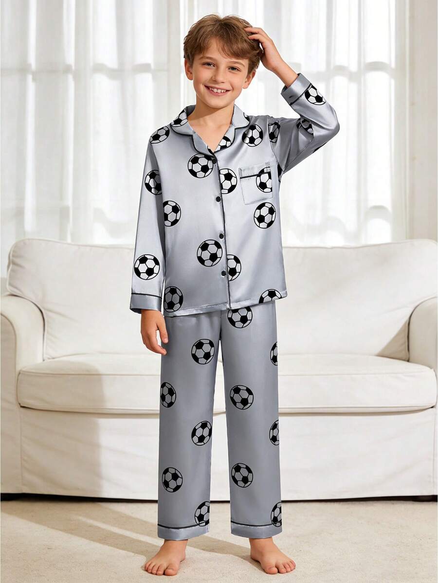 2pcs/Set Tween Boys' Football Print Long Sleeve Pajama Set - Multicolor - View 1