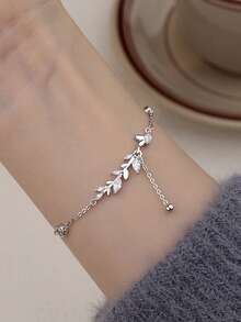 1pc S925 Sterling Silver Minimalist Nature-Inspired Delicate Zirconia Inlaid Branch & Leaf Design Bracelet, Suitable For Women's Daily Wear, Gift - Silver - View 1