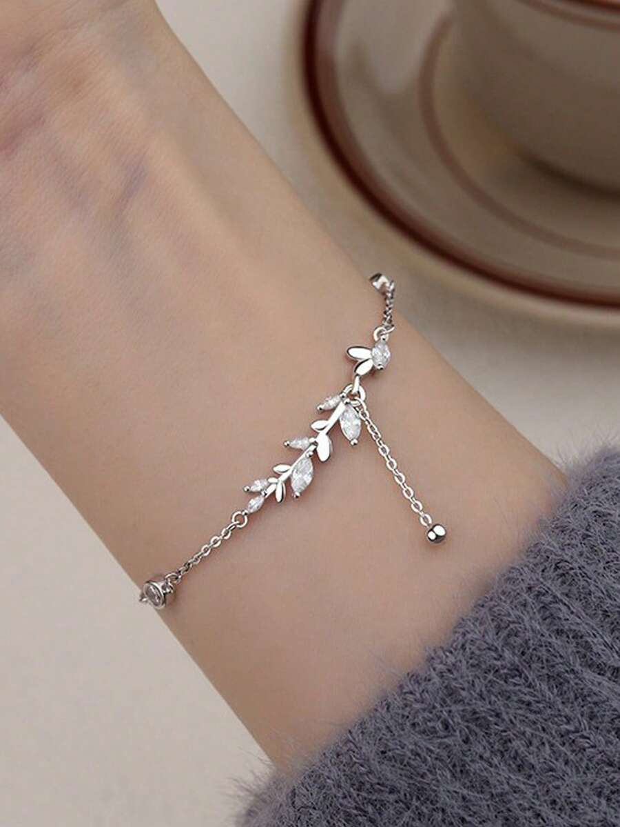 1pc S925 Sterling Silver Minimalist Nature-Inspired Delicate Zirconia Inlaid Branch & Leaf Design Bracelet, Suitable For Women's Daily Wear, Gift - Silver - View 1
