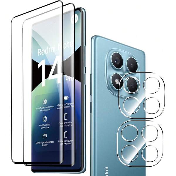 适用于 Note 15 Pro 4G/5G、Note 15 Pro+、Note 15 4G/5G、Note 14 Pro 4G/5G 的 4 片装钢化玻璃屏幕保护膜 - 曲面屏，黑色边框，高清，防刮花，3D 透明摄像头镜头保护膜