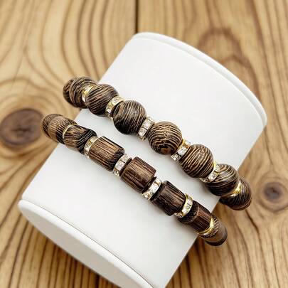 2pcs/Set Natural Wooden Grain Bracelet, Minimalist Creative Handmade Elastic Wooden Bangle, Unisex Fashion Accessory, Handcrafted Design, Suitable For Daily Wear And Gift