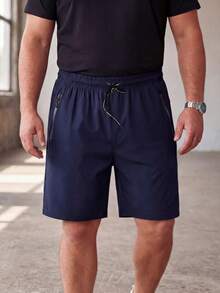 Plus Size Men's Shorts, Summer Elastic Straight Leg Knee Length Pants, Solid Color, Zipper Pockets, Drawstring, Lightweight, Suitable For Sports, Running, Fitness - Royal Blue - View 4