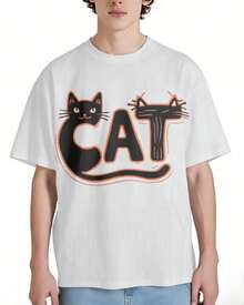 Playera Oversize 100% Algodón con Estampado Divertido de Gatos y Letra "CAT" - Estilo Casual y Bonito - Blanco - Ver 8