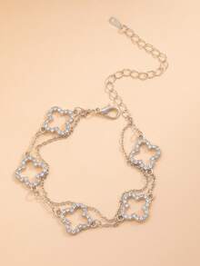 1pc Fashion Double-Layer Four-Leaf Clover Rhinestone Classic Design Bracelet For Girls - Silver - View 1