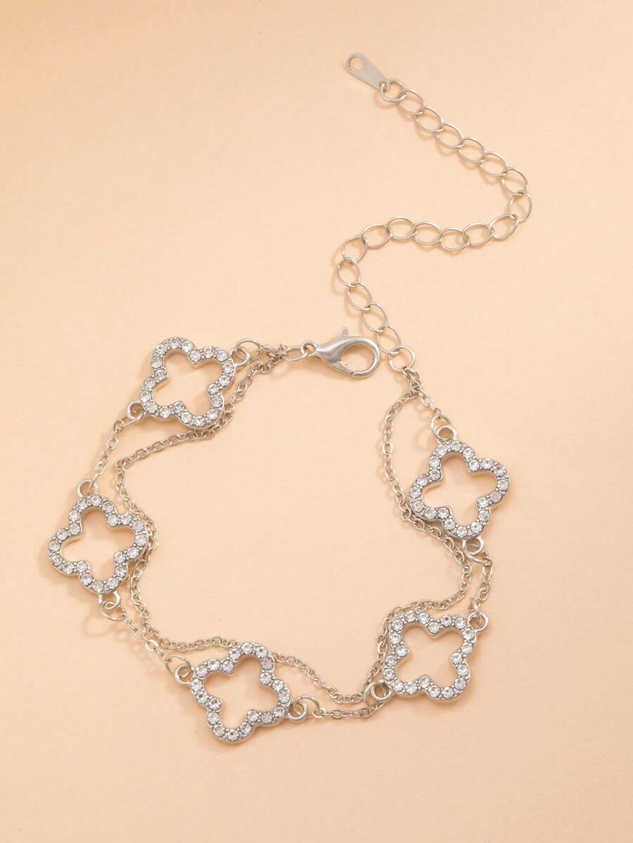 1pc Fashion Double-Layer Four-Leaf Clover Rhinestone Classic Design Bracelet For Girls - Silver - View 1