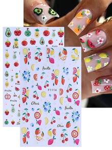 2 miếng dán móng tay hình trái cây dễ thương, tự dính 3D, bao gồm táo, dâu tây, bơ, dứa, chuối, lê, dưa hấu, chanh và nhiều họa tiết mùa hè & mùa xuân đầy màu sắc khác, phù hợp cho nữ. - Nhiều màu - Xem 3