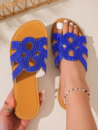 最新款时尚优雅学院风纯色沙滩婚礼假日派对女士平底凉鞋，春夏款