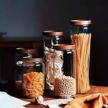 1pc Glass Storage Jar With Bamboo Lid, Glass Food Storage Container, Airtight Glass Jar For Storing Candy, Cookies, Rice, Coffee Beans, Snacks, Spices, Kitchen Accessories, Heat-Resistant Glass Storage Jar, Kitchen Food, Grains, Coffee Beans, Tea, Sealed Jar, Transparent Storage Container - Multicolor - View 2