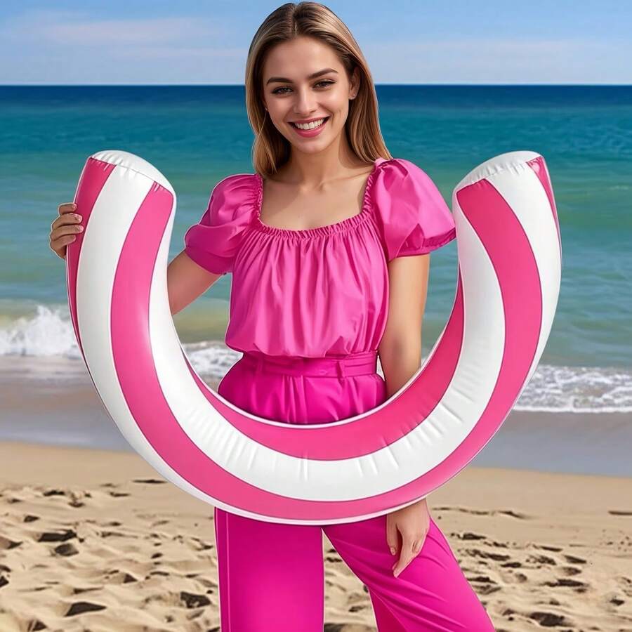 1pc Inflatable Curved Swimming Pool Float - Waterproof And Durable, Safer. Made Of PVC Material. Essential For Summer Swimming And Entertainment. Tropical Beach, Palm Tree And Cloud Pattern Design. Suitable For Inflatable Swimming Pool Float Use In Summer. - Multicolor - View 1