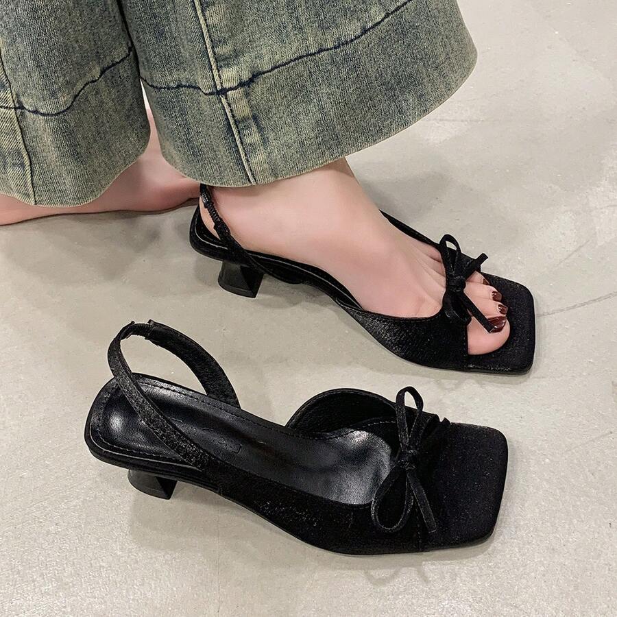 蝴蝶结踝带高跟凉鞋，女士夏季户外鞋，优雅黑色露趾猫跟鞋