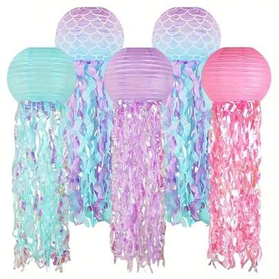 5个美人鱼和水母造型铁艺纸质圆形吊灯，10英寸尺寸，海洋主题生日毕业派对装饰，用途广泛，适合斋月和夏季活动等季节性装饰