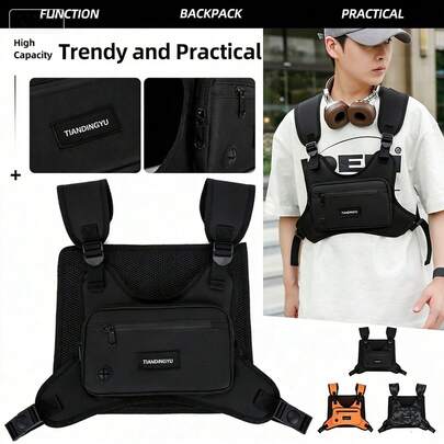 2026 Spring New Black/Gray/Orange Nylon Fashion Personality Streetwear Unisex Chest Bag, Functional Tactical Vest Bag, Couples Sports Bib Style Chest Pack, Lightweight And Portable, Suitable For Outdoor Sports, Cycling, Travel, Hiking, Unisex, Couples, Gift For Boyfriend, Men, Holiday, Valentine's Day, Stylish Gift