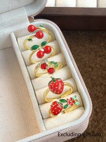 5件套奢华时尚精致草莓樱桃甜美可爱优雅铜质微镶开口戒指套装，适合度假、派对、节日佩戴（不含礼盒） - 金黃色 - 查看 9