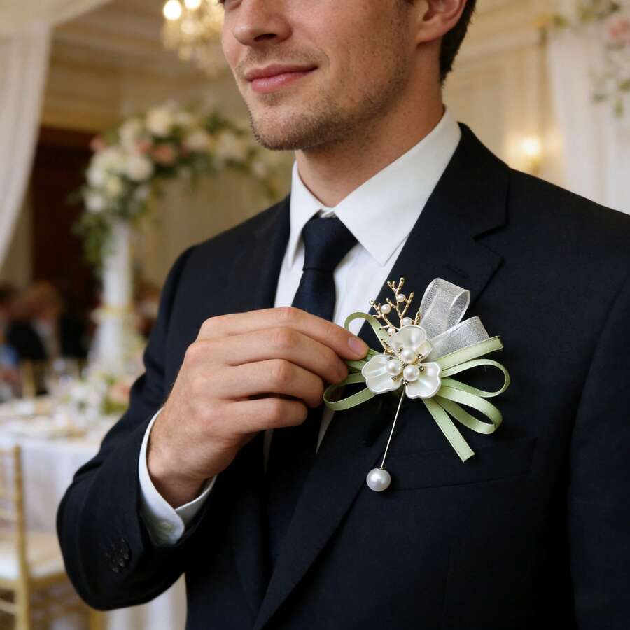 1枚浅绿色草坪风格金属合金优雅胸花，适用于新郎、新娘、伴郎、伴娘、婚礼、订婚、派对、旅行、晚宴、校园庆典等场合。 - 綠色 - 查看 1