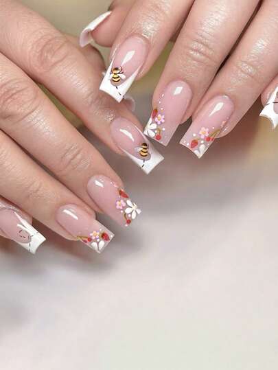 24片法式亚克力美甲贴片，中号方形，彩色花朵蜜蜂装饰，草莓樱桃设计，简约Y2K风格，表面光滑，全覆盖假指甲，适合女性和女孩日常佩戴，春季适用。