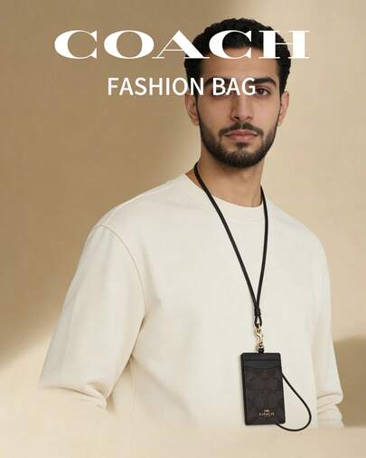 Coach Vertical Leather ID Badge Card Holder With Clear ID Window Credit Badge Holder With Two Credit Card Slots And Detachable Neck Lanyard Strap