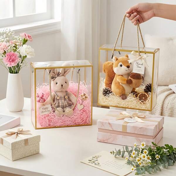 Bộ 5 hộp quà PET trong suốt cầm tay, hộp quà kỷ niệm trong suốt với viền ren vàng và tay cầm, thích hợp cho đám cưới, sinh nhật, Ngày của Mẹ, tiệc tùng và các dịp đóng gói quà tặng khác.
