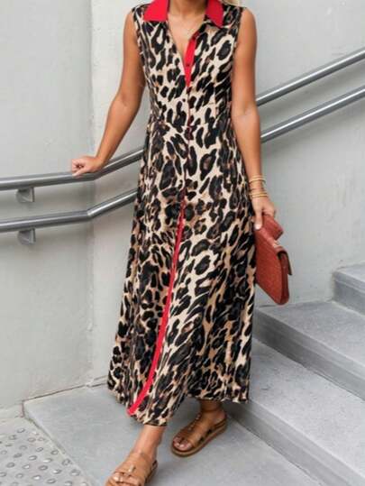 Đầm nữ cỡ lớn họa tiết da báo cổ điển, cổ áo phối màu tương phản + thiết kế xẻ tà phía trước, đầm dài ôm eo giúp thon gọn, phù hợp cho mặc hàng ngày, đi nghỉ mát, hẹn hò, thanh lịch mùa xuân/hè.