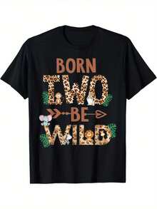 Born 2 Be Wild 2nd Birthday T-Shirt, Cotton Crew Neck Short Sleeve Tee With Zoo Animals Print, Casual Knit Fabric For Adults, Regular Fit Spring/Fall Top, Playful Outfit| Casual Crew Neck| Cotton Fabric - màu đen - Xem 6
