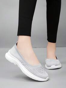 女士透气平底圆头套脚乐福鞋，系带轻便舒适软底低帮休闲运动鞋，春夏款 - 灰白 - 查看 6